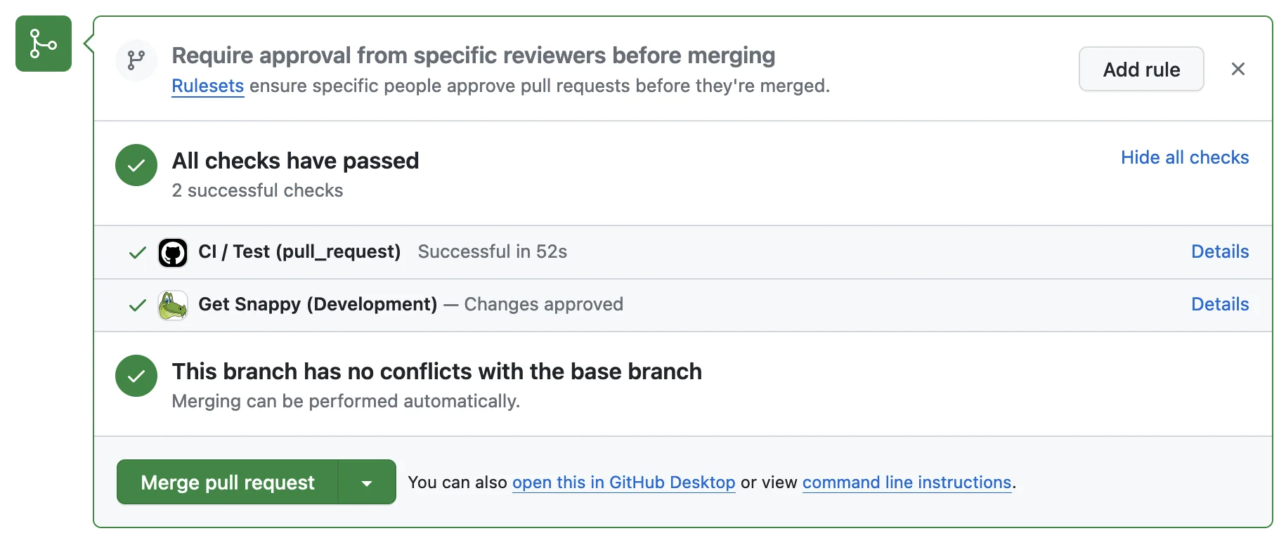 GitHub pull request checks: all checks passed, Get Snappy changes approved
